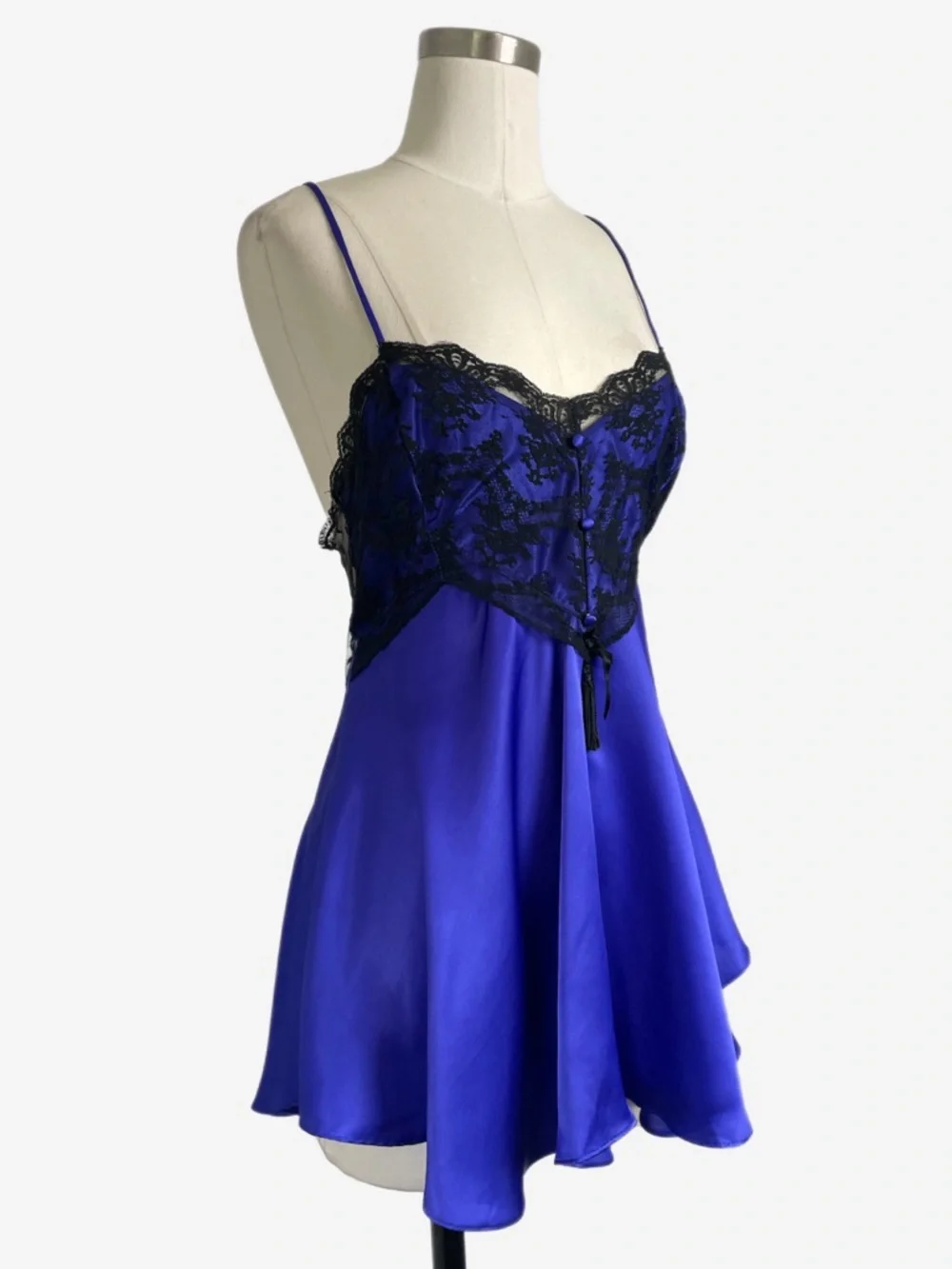 Vintage 90s Amelia’s Royal purple blue satin black sheer lace chemise lingerie S - Picture 2 of 11